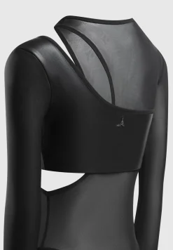 Vegan Leather Overlay Mesh Bodysuit - Black