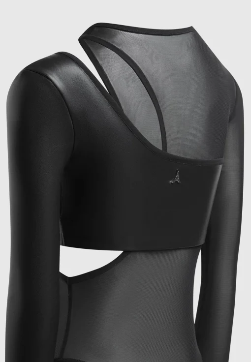 Vegan Leather Overlay Mesh Bodysuit - Black
