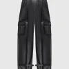 Vegan Leather Pleated Cargo Trousers - Black