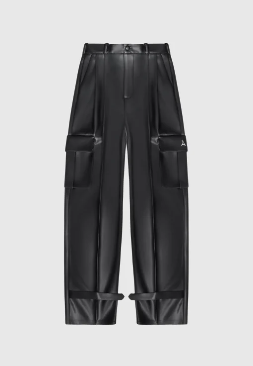 Vegan Leather Pleated Cargo Trousers - Black