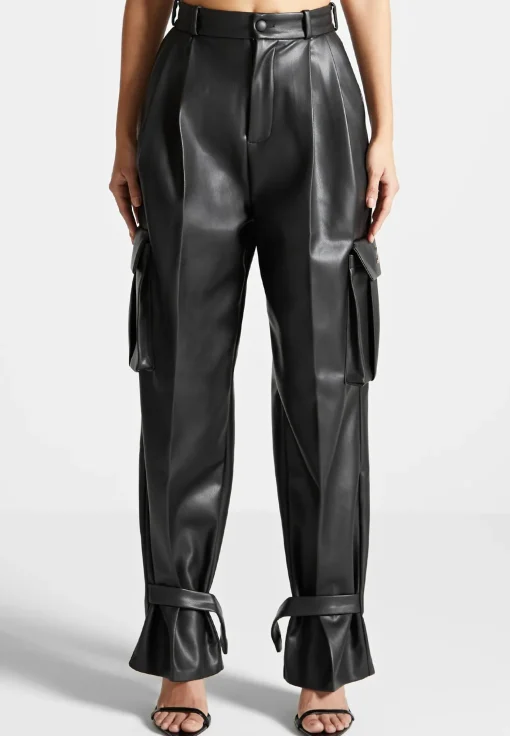 Vegan Leather Pleated Cargo Trousers - Black