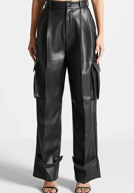 Vegan Leather Pleated Cargo Trousers - Black