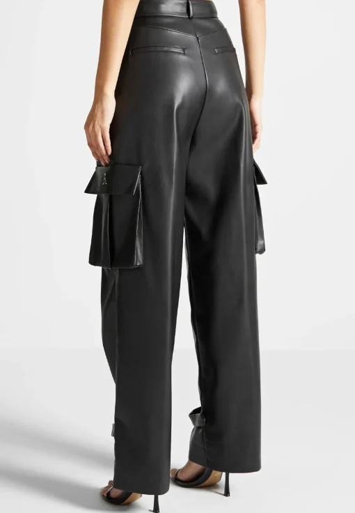 Vegan Leather Pleated Cargo Trousers - Black