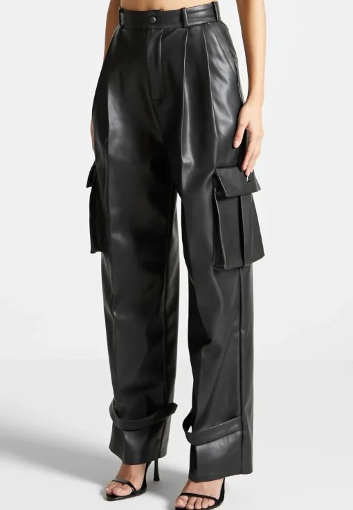 Vegan Leather Pleated Cargo Trousers - Black
