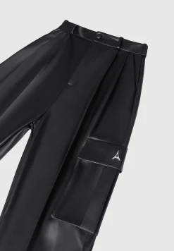 Vegan Leather Pleated Cargo Trousers - Black
