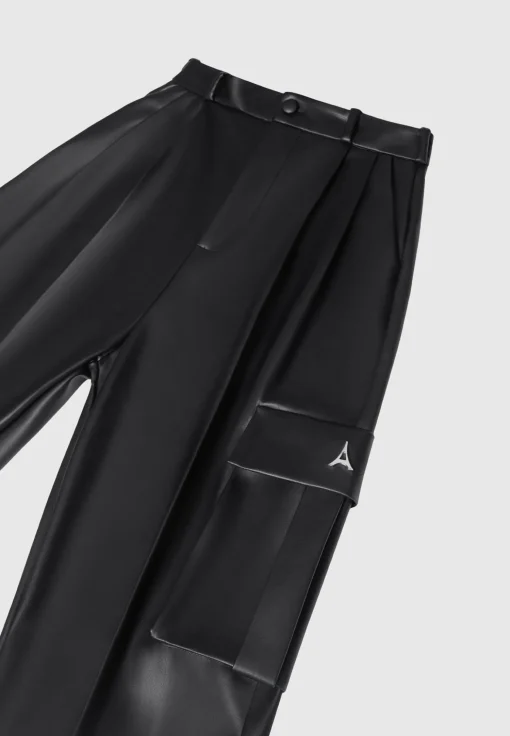Vegan Leather Pleated Cargo Trousers - Black