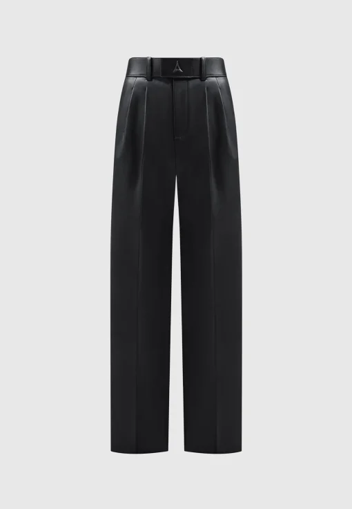 Vegan Leather Pleated Trousers with Eiffel Belt - Black
