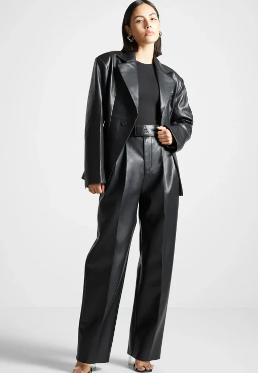 Vegan Leather Pleated Trousers with Eiffel Belt - Black