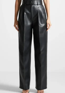 Vegan Leather Pleated Trousers with Eiffel Belt - Black