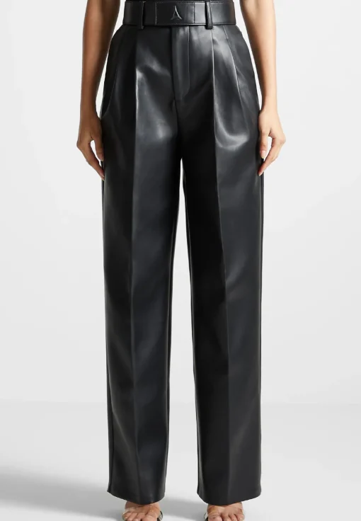 Vegan Leather Pleated Trousers with Eiffel Belt - Black