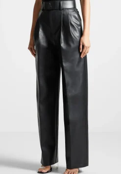 Vegan Leather Pleated Trousers with Eiffel Belt - Black