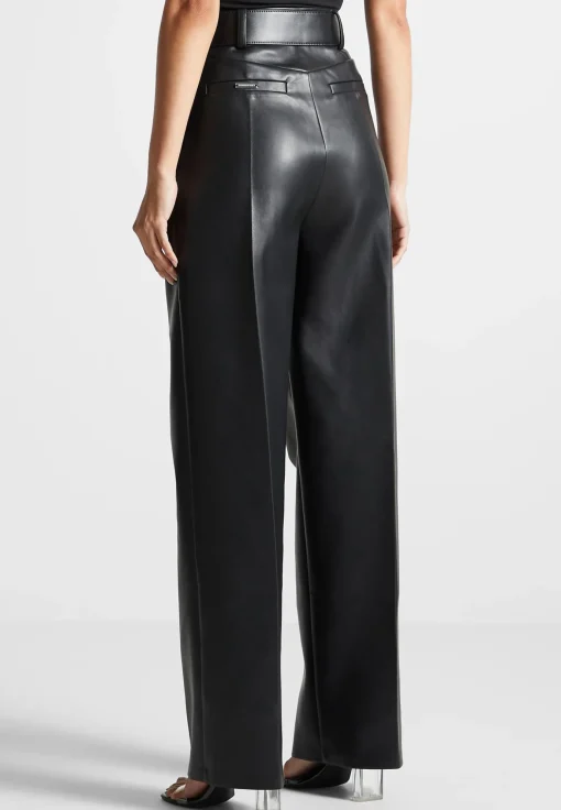 Vegan Leather Pleated Trousers with Eiffel Belt - Black