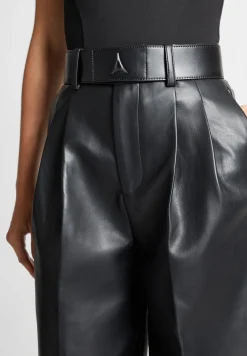Vegan Leather Pleated Trousers with Eiffel Belt - Black