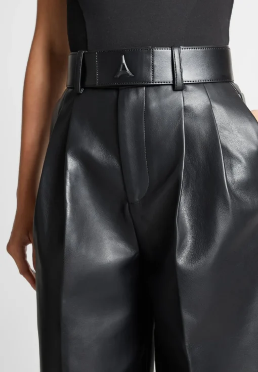 Vegan Leather Pleated Trousers with Eiffel Belt - Black