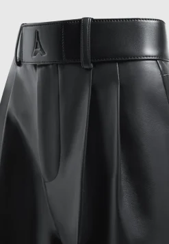 Vegan Leather Pleated Trousers with Eiffel Belt - Black