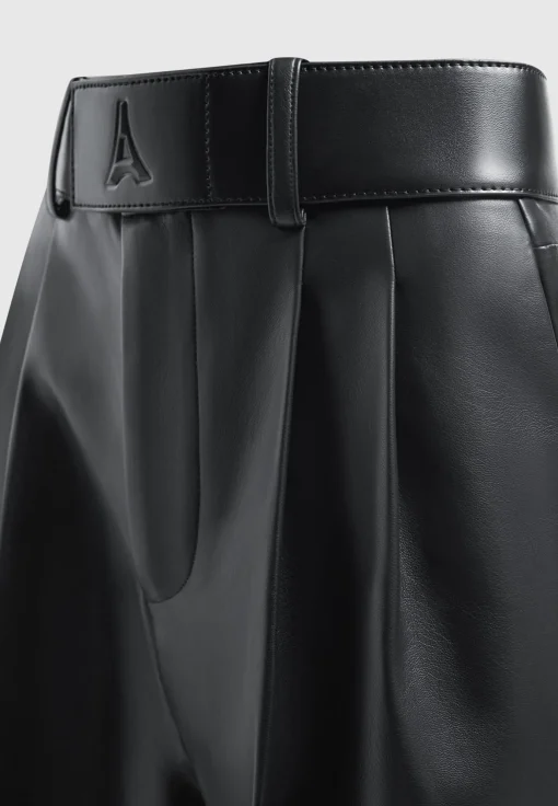 Vegan Leather Pleated Trousers with Eiffel Belt - Black