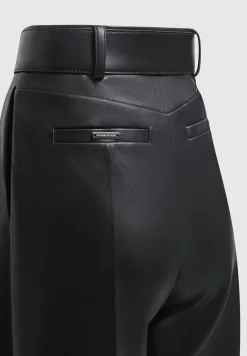 Vegan Leather Pleated Trousers with Eiffel Belt - Black