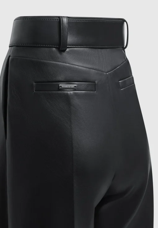 Vegan Leather Pleated Trousers with Eiffel Belt - Black