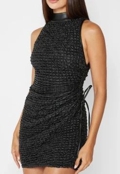Vegan Leather Popcorn Texture Contour Dress - Black