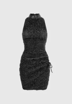 Vegan Leather Popcorn Texture Contour Dress - Black