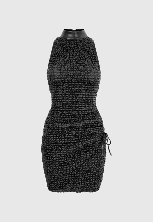 Vegan Leather Popcorn Texture Contour Dress - Black