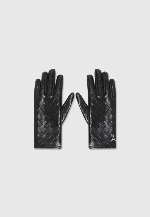 Vegan Leather Woven Gloves - Black