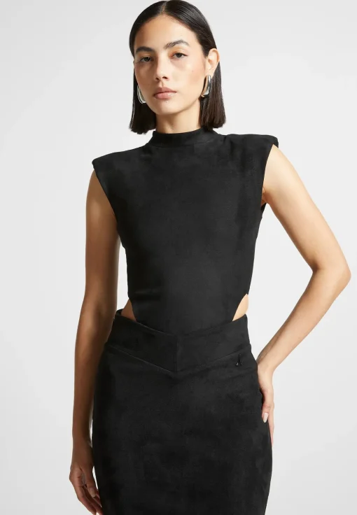 Vegan Suede Wide Shoulder Bodysuit - Black