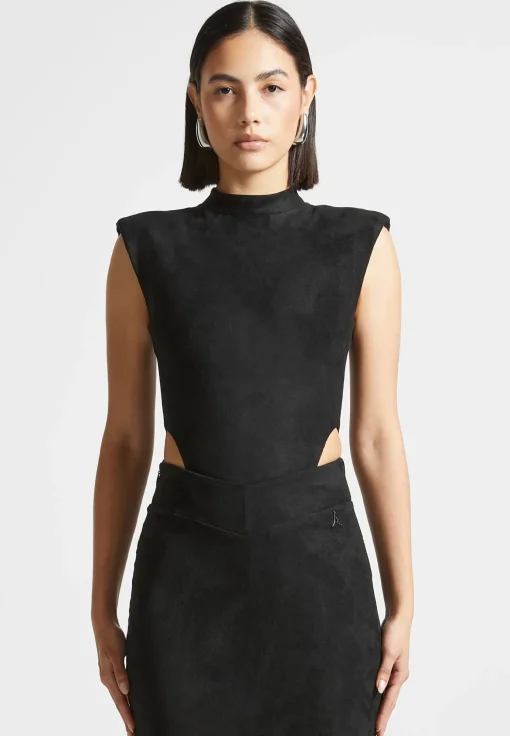 Vegan Suede Wide Shoulder Bodysuit - Black