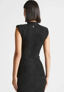 Vegan Suede Wide Shoulder Bodysuit - Black