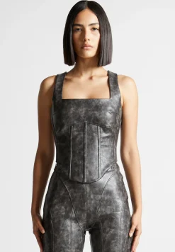 Vintage Vegan Leather Corset Top - Grey