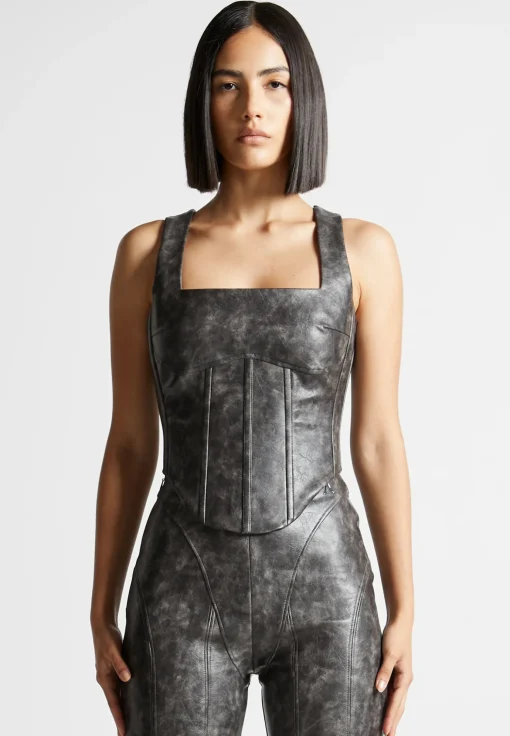 Vintage Vegan Leather Corset Top - Grey
