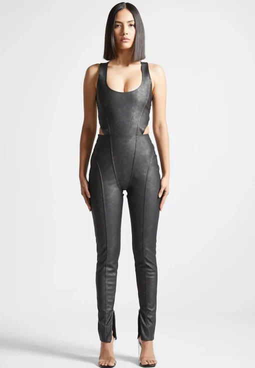 Vintage Vegan Leather Corset Jumpsuit - Black