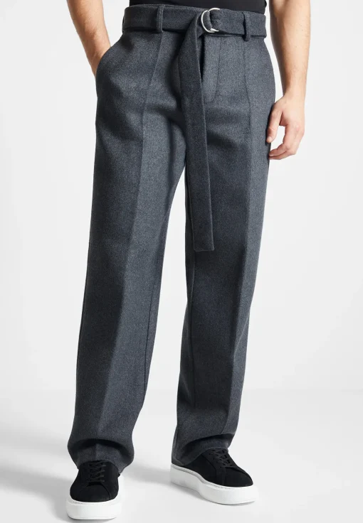 Wool Blend Marl Belted Trousers - Charcoal Grey