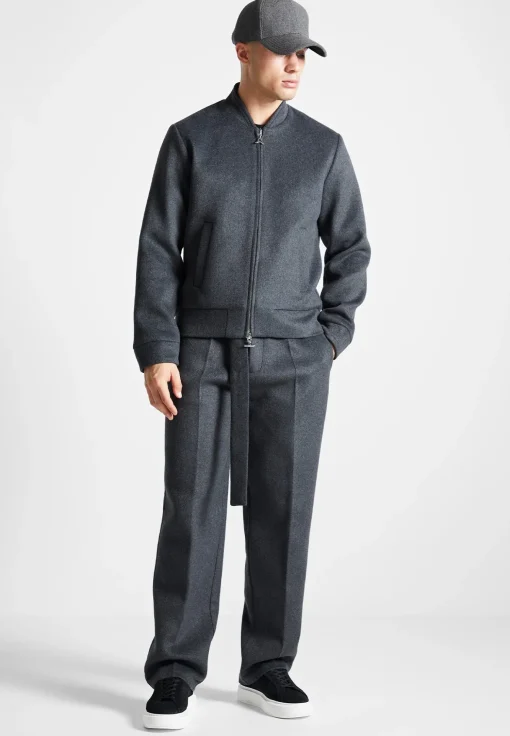 Wool Blend Marl Belted Trousers - Charcoal Grey