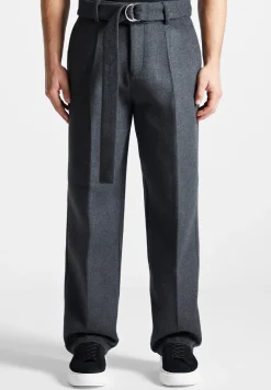 Wool Blend Marl Belted Trousers - Charcoal Grey