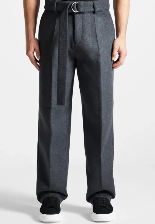 Wool Blend Marl Belted Trousers - Charcoal Grey