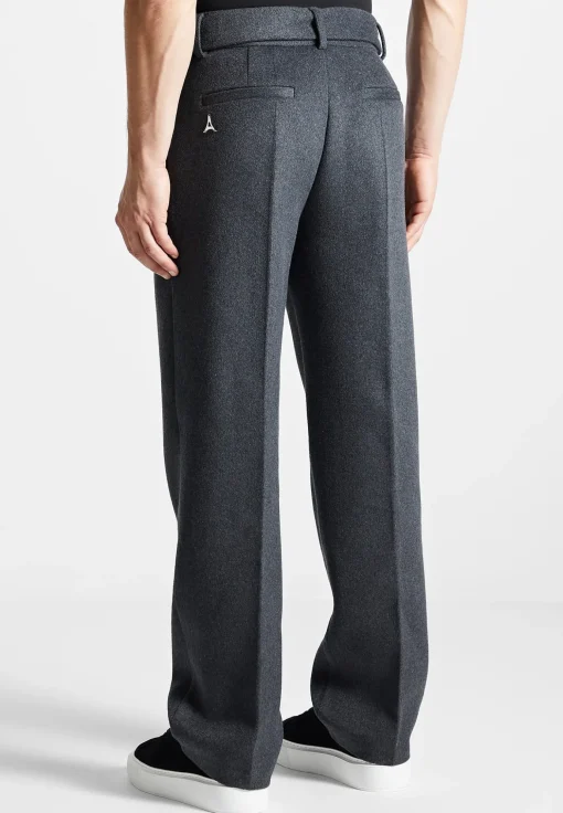 Wool Blend Marl Belted Trousers - Charcoal Grey