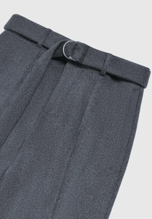 Wool Blend Marl Belted Trousers - Charcoal Grey