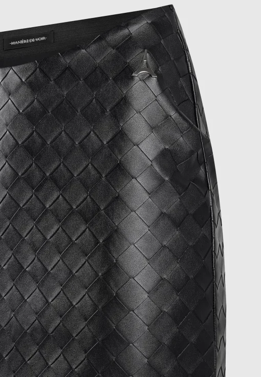 Woven Leather Dipped Waist Mini Skirt - Black