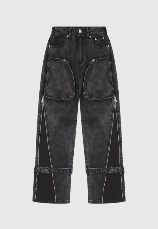 Zip Detail Denim Cargo Pants - Washed Black