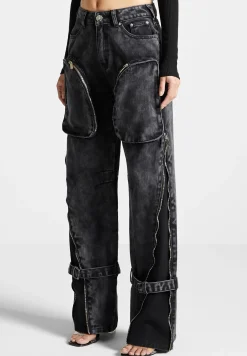 Zip Detail Denim Cargo Pants - Washed Black