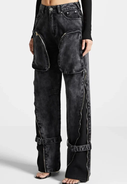 Zip Detail Denim Cargo Pants - Washed Black