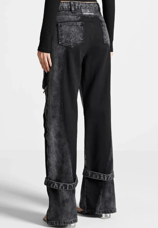 Zip Detail Denim Cargo Pants - Washed Black