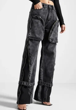 Zip Detail Denim Cargo Pants - Washed Black