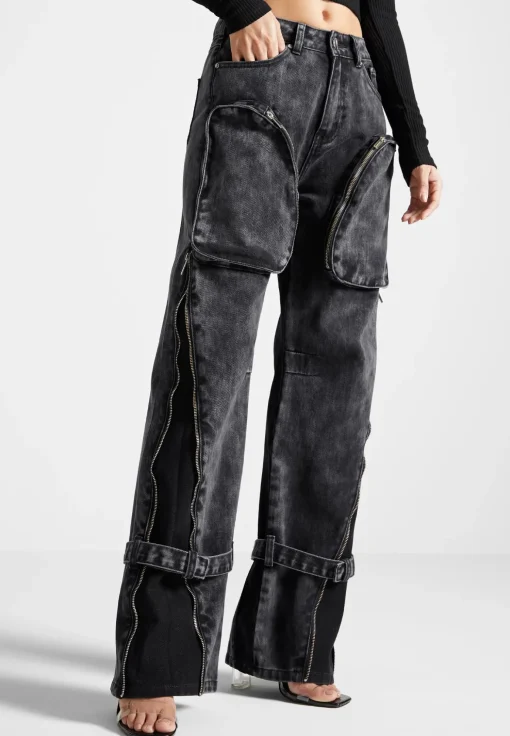 Zip Detail Denim Cargo Pants - Washed Black