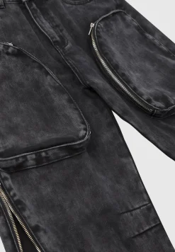 Zip Detail Denim Cargo Pants - Washed Black