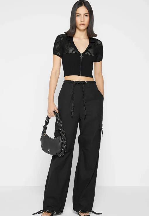 Zip Front Knitted Crop Top - Black