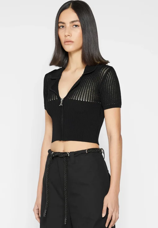 Zip Front Knitted Crop Top - Black