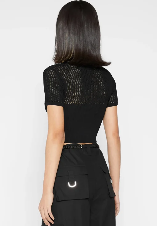 Zip Front Knitted Crop Top - Black