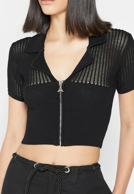 Zip Front Knitted Crop Top - Black